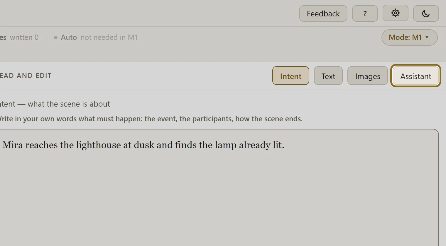 Screenshot for step 1: Open a scene, the canon, the story or the finalization and click “Assistant” in the panel header — a column opens on the right.