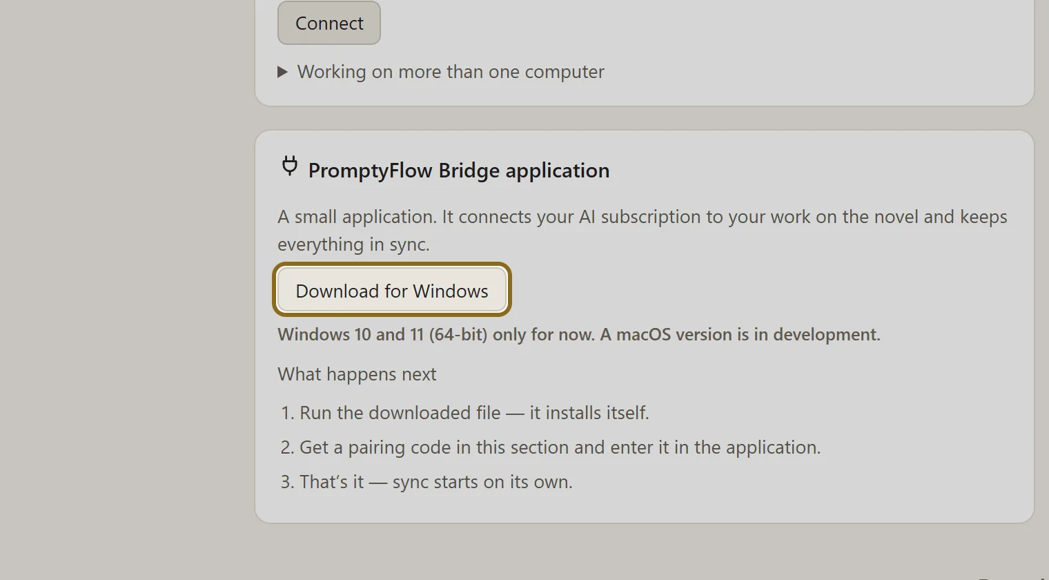 Screenshot for step 1: On the portal, in the “AuthorWorkplace Bridge application” block, click “Download for Windows” and run the file you get — it installs itself.