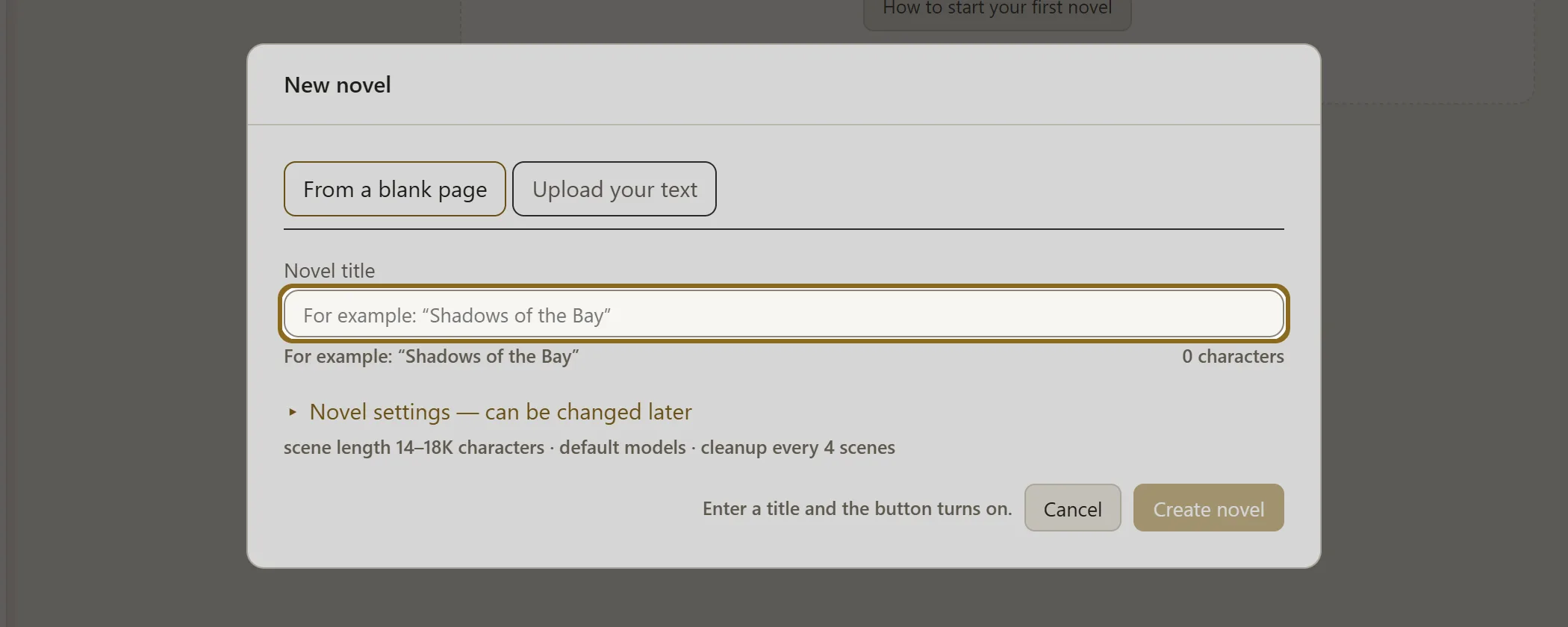 Screenshot for step 3: Enter a title — you can change it later — and click “Create novel”.