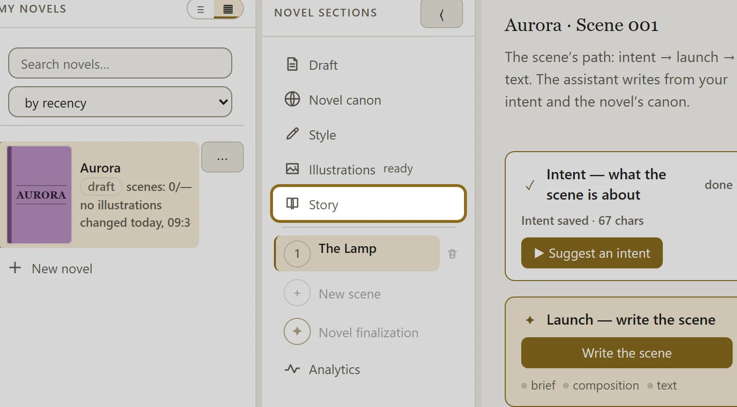 Screenshot for step 1: In the novel sections, open “Story” and click “Start working on the story plan” — three levels appear: “Novel foundation”, “Synopsis” and “Scene…