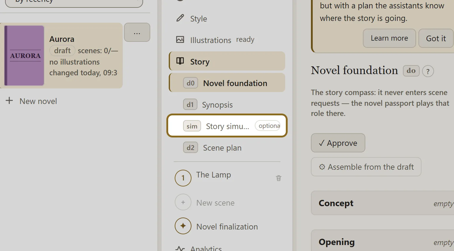 Screenshot for step 1: In the novel sections, open “Story”, then the sub-item “Story simulation”.
