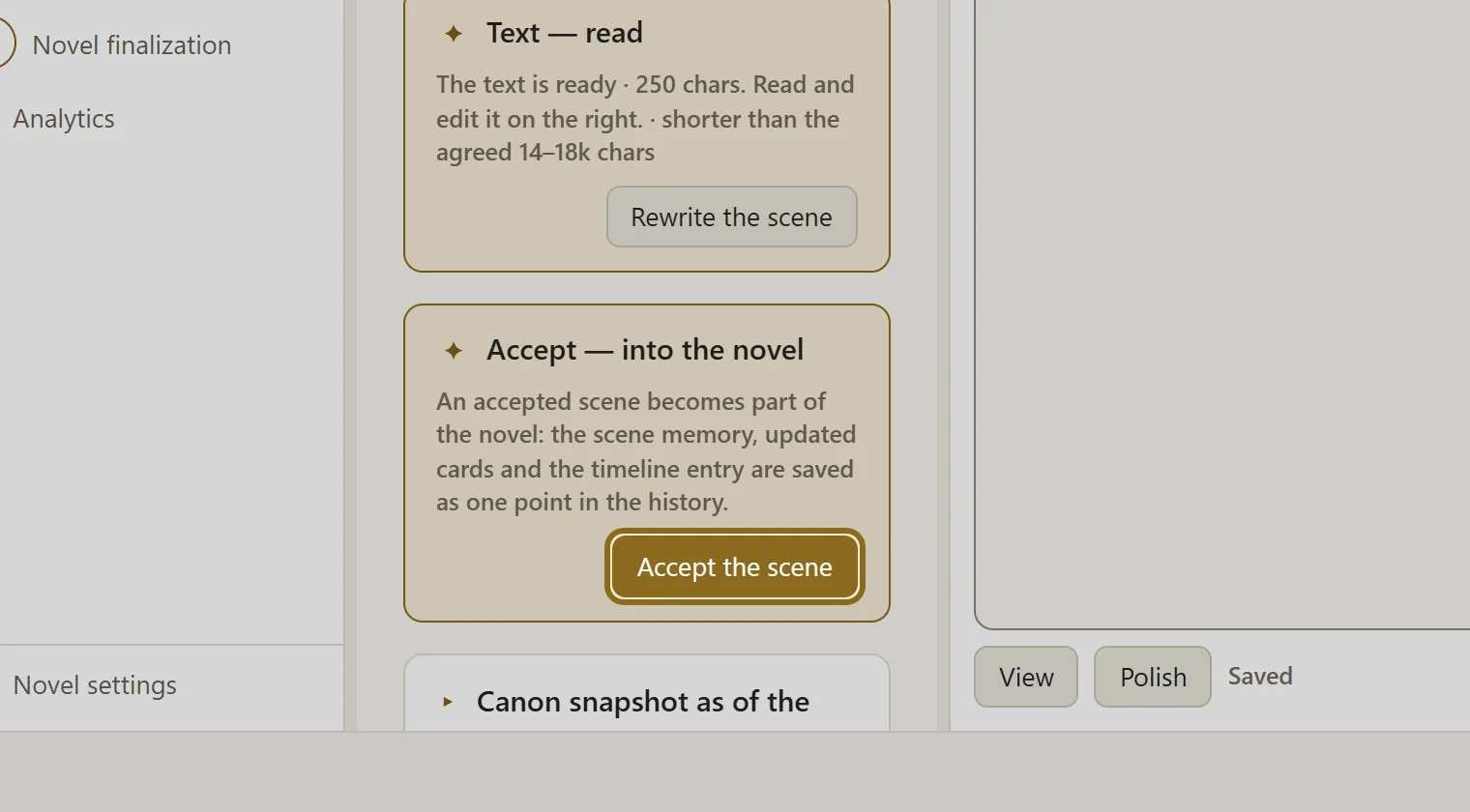 Screenshot for step 5: Click “Accept the scene” — the scene joins the novel, and this version is kept: you can always come back to it.