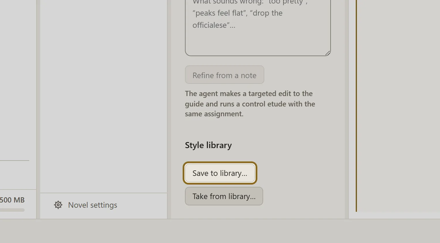 Screenshot for step 1: In the “Style” section of the novel whose voice you like, click “Save to library…”.