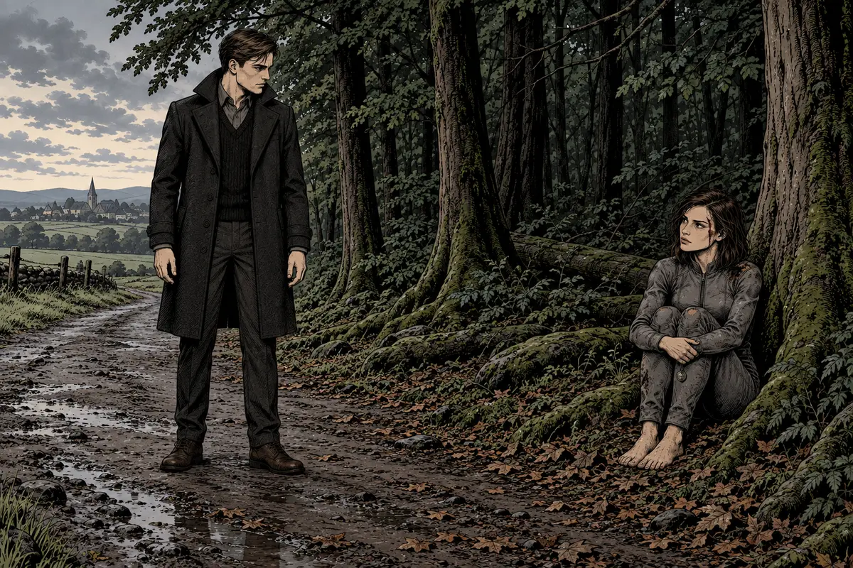 Scene 1, “The find at the forest edge” — an illustration drawn by AuthorWorkplace from the text